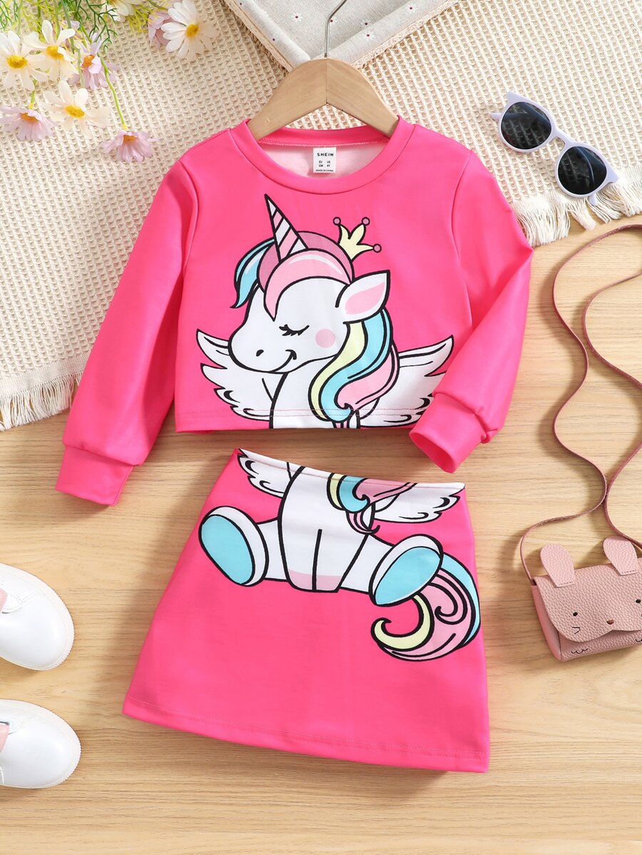 小女童獨角獸印花運動衫和裙子 - 玫紅色 - 查看 1