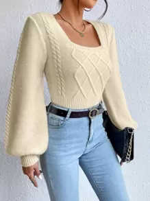 Chiquease Cable Knit Square Neck Lantern Sleeve Jumper - Apricot - View 5