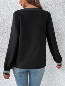 SHEIN LUNE Geo Embroidered Notched Neckline Blouse