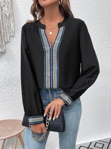 SHEIN LUNE Geo Embroidered Notched Neckline Blouse
