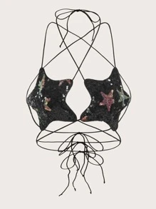 SHEIN ICON Star Pattern Criss Cross Sequin Halter Top - Black - View 1