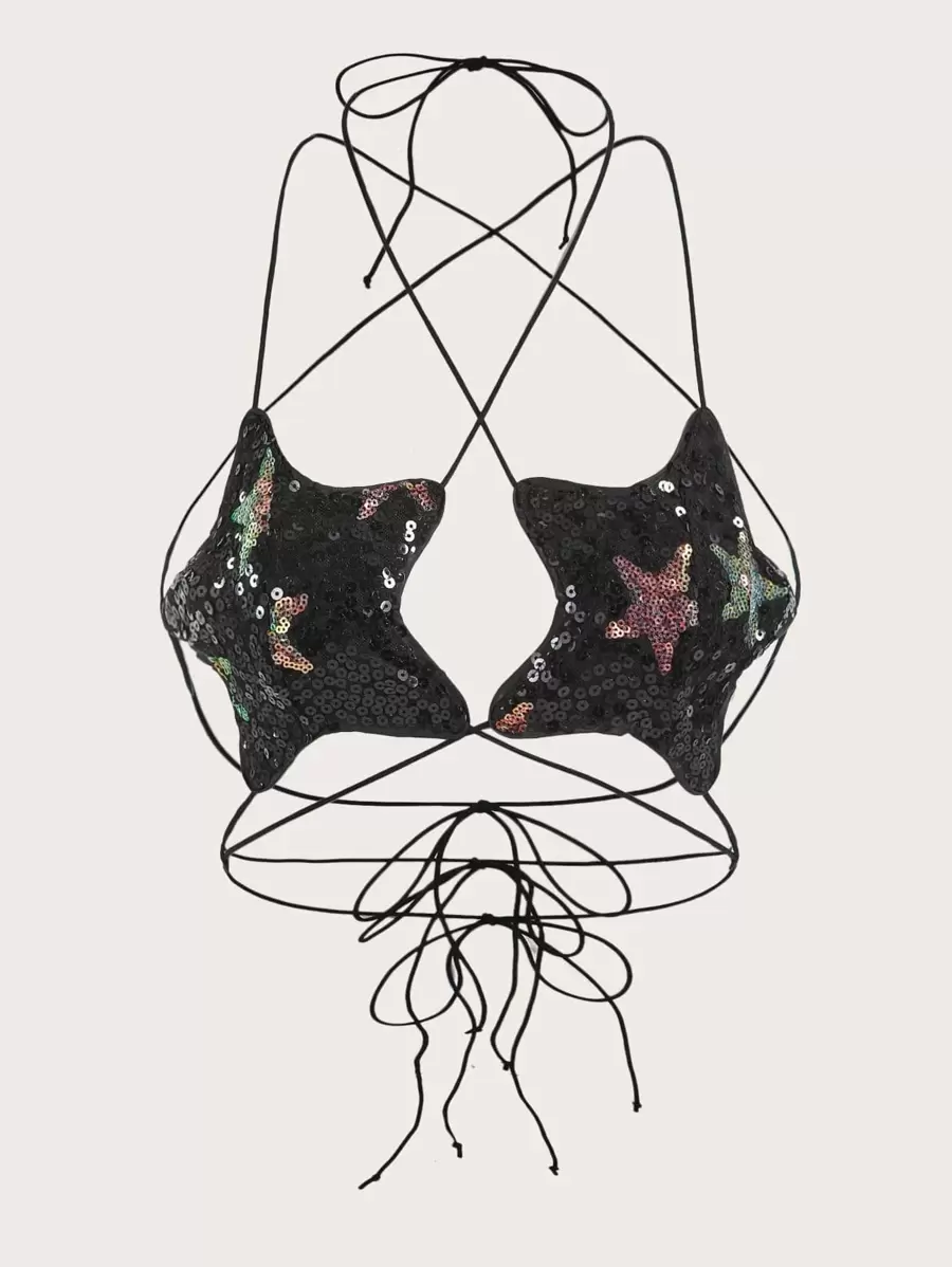SHEIN ICON Star Pattern Criss Cross Sequin Halter Top - Black - View 1