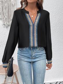 SHEIN LUNE Geo Embroidered Notched Neckline Blouse