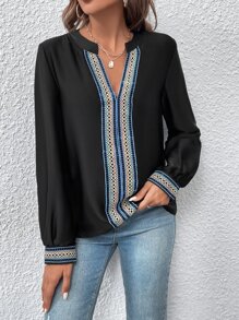 SHEIN LUNE Geo Embroidered Notched Neckline Blouse