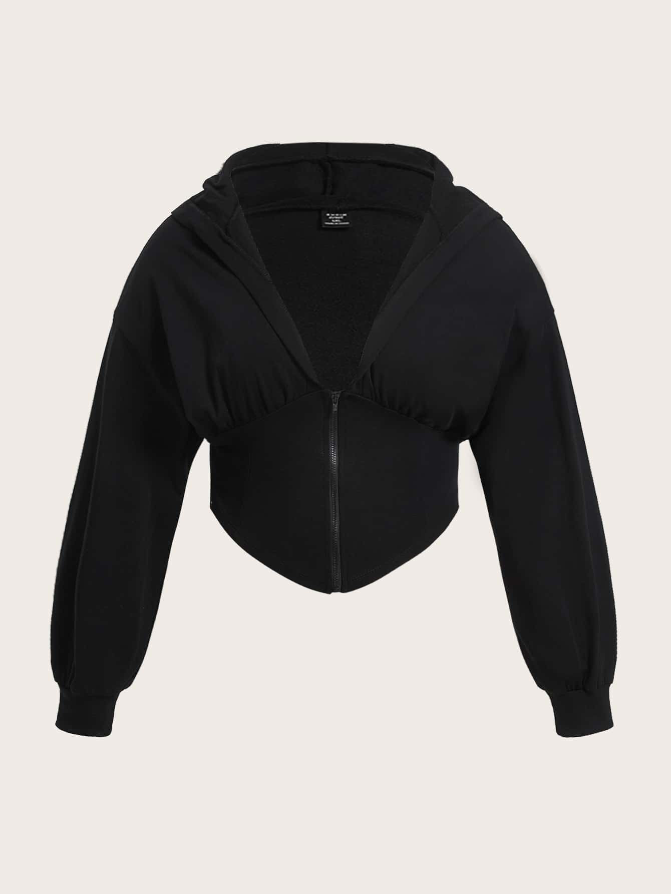SHEIN EZwear Plus Zip Up Drop Shoulder Hoodie - Black - View 1