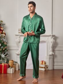 Hombres Set homewear de rayas unido en contraste de satén - Verde - Ver 1
