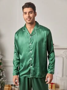 Hombres Set homewear de rayas unido en contraste de satén - Verde - Ver 5
