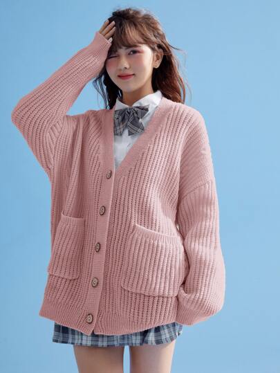 Kawaii Cardigan con spalle a goccia e tasche toppe, top a maniche lunghe per la scuola