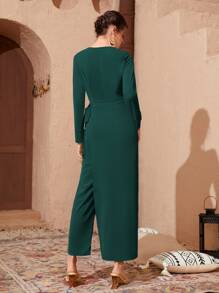 Mulvari Wrap Tie Side Solid Jumpsuit - Dark Green - View 2