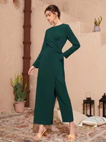 Mulvari Wrap Tie Side Solid Jumpsuit - Dark Green - View 3