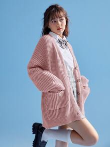 ROMWE Kawaii Drop Shoulder Patch Pocket Cardigan, School,Long Sleeve Tops