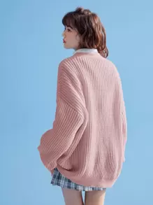 ROMWE Kawaii Drop Shoulder Patch Pocket Cardigan, School,Long Sleeve Tops