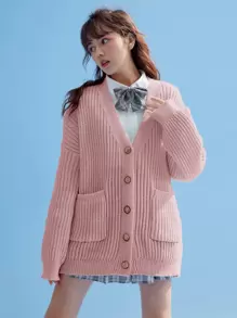 ROMWE Kawaii Drop Shoulder Patch Pocket Cardigan, School,Long Sleeve Tops