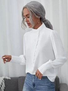SHEIN Clasi 立領燈籠袖襯衫 - 白色 - 查看 4