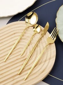 4 piezas Set cubiertos de acero inoxidable - Dorado - Ver 2