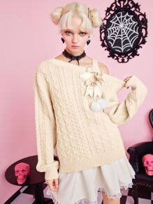 ROMWE Kawaii 不對稱領口蝴蝶結前絞花針織毛衣 - 米色 - 查看 1