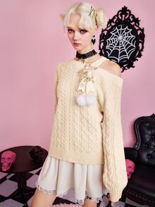 ROMWE Kawaii 不對稱領口蝴蝶結前絞花針織毛衣 - 米色 - 查看 3