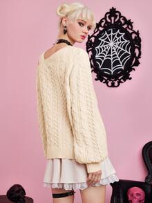 ROMWE Kawaii 不對稱領口蝴蝶結前絞花針織毛衣 - 米色 - 查看 6