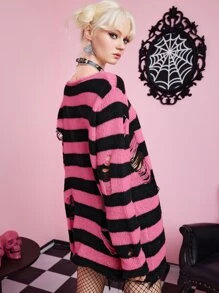 ROMWE Kawaii Suéter a rayas desgastado - Multicolor - Ver 6