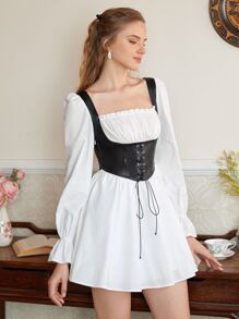 SHEIN MOD 黑白拼色褶皱胸围系带荷叶边长袖连衣裙 - 黑與白 - 查看 3