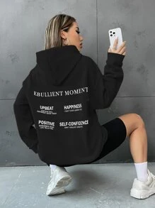 SHEIN Unity Slogan Graphic Drop Shoulder Drawstring Hoodie - Black - View 3