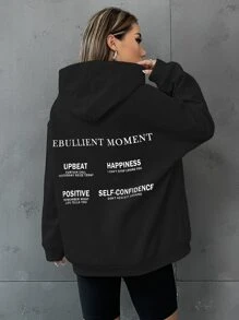 SHEIN Unity Slogan Graphic Drop Shoulder Drawstring Hoodie - Black - View 4