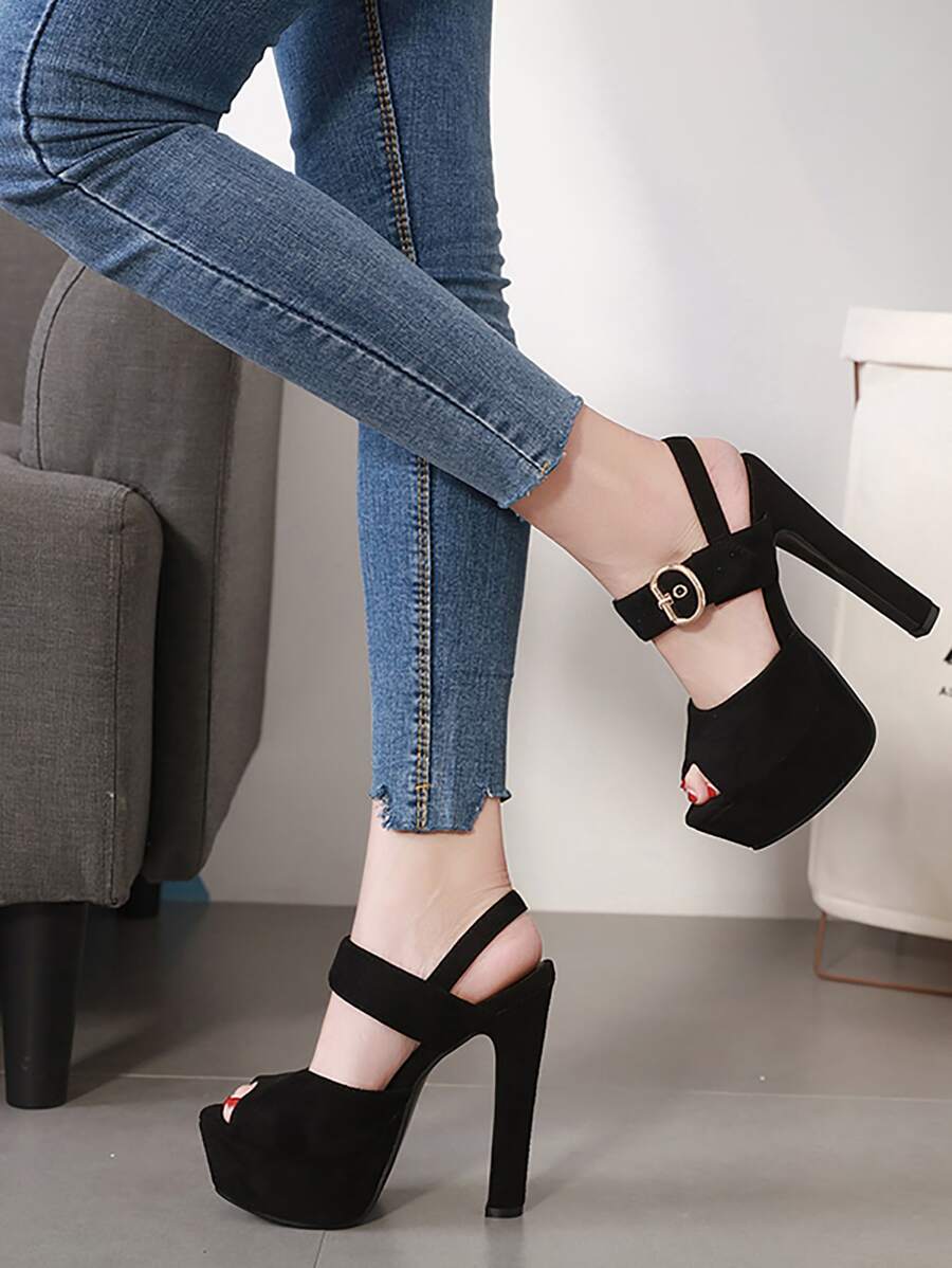 Tacones de punta abierta plataforma de talón abierto - Negro - Ver 1