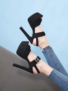 Tacones de punta abierta plataforma de talón abierto - Negro - Ver 6