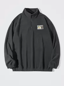 Chillumni Men Zipper Front Patched Flannelette Oversize Sweatshirt, Half Zip Hoodie, Men Fleece Pullover, Zip Up Sweatshirt - Dark Grey - View 1