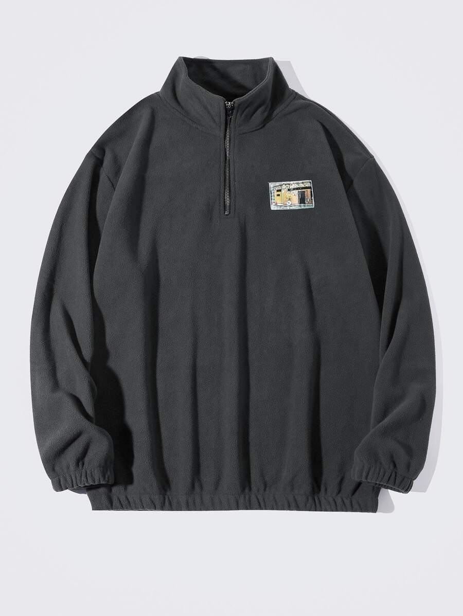 Chillumni Men Zipper Front Patched Flannelette Oversize Sweatshirt, Half Zip Hoodie, Men Fleece Pullover, Zip Up Sweatshirt - Dark Grey - View 1