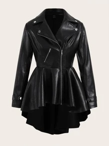 Firerie Zip Up High Low Hem PU Leather Coat In Fall/Winter - Black - View 1