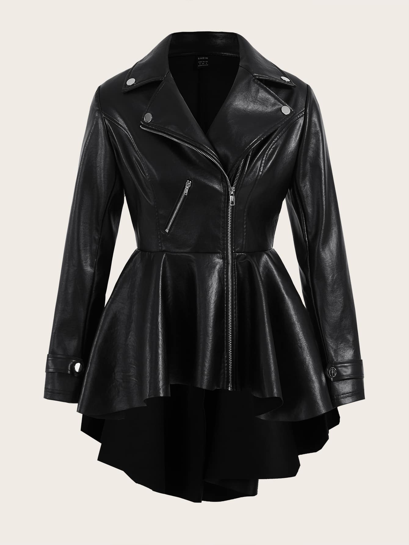 Firerie Zip Up High Low Hem PU Leather Coat In Fall/Winter - Black - View 1