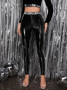 SHEIN BAE Letter Tape PU Leather Skinny Trousers - Black - View 4