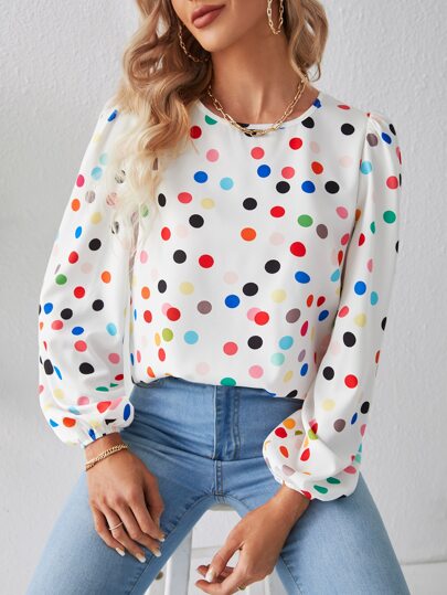 SHEIN Polka Dot Lantern Sleeve Blouse