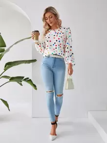 SHEIN Clasi 波卡圓點燈籠袖襯衫 - 彩色 - 查看 4