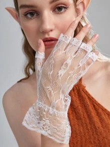 ROMWE Goth Floral Lace Fingerless Gloves - White - View 1