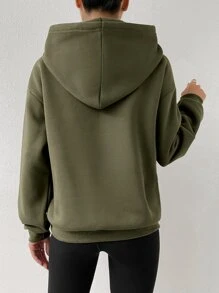 SHEIN Unity 字母刺繡落肩袖抽繩加絨內裏連帽衫 - 軍綠色 - 查看 2