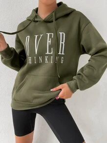SHEIN Unity 字母刺繡落肩袖抽繩加絨內裏連帽衫 - 軍綠色 - 查看 4