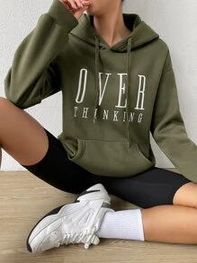 SHEIN Unity 字母刺繡落肩袖抽繩加絨內裏連帽衫 - 軍綠色 - 查看 5