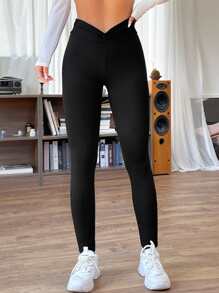 SHEIN EZwear 素色V腰緊身打底褲 - 黑色 - 查看 3