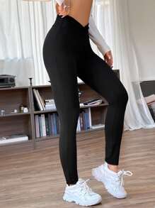 SHEIN EZwear 素色V腰緊身打底褲 - 黑色 - 查看 4