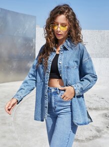 SHEINBlues High Low Denim Shirt - Medium Wash - View 4