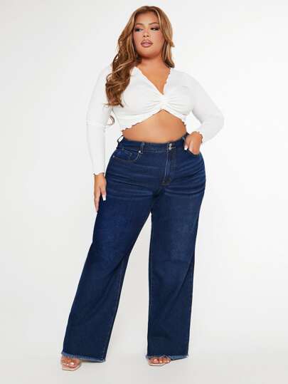 بنطلون جينز خصر عالي قص خام نوع البوت مقاس كبير