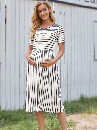 Maternity Hidden Pocket Striped Dress
