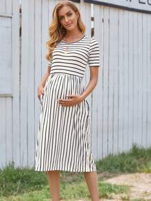 Maternity Hidden Pocket Striped Dress - White - View 3
