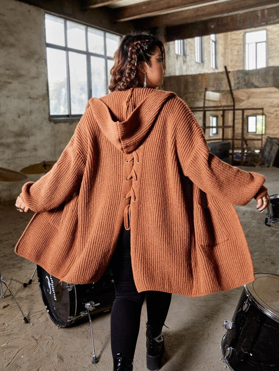 SHEIN Unity Cárdigan de hombros caídos de espalda con cordón con capucha - Marrón - Ver 1