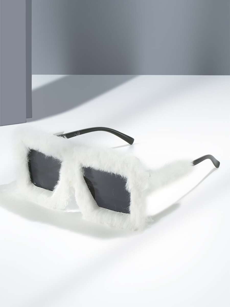 1pc Oversized Plastic Frame Fashion Glasses With Fur Trim, White - Grey - View 1