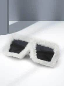 1pc Oversized Plastic Frame Fashion Glasses With Fur Trim, White - Grey - View 2