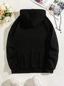SHEIN LUNE Letter Graphic Kangaroo Pocket Drawstring Thermal Hoodie - Black - View 2