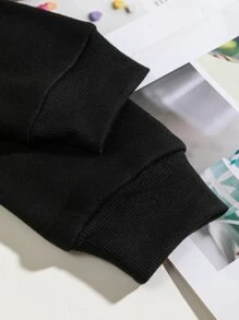 SHEIN LUNE Letter Graphic Kangaroo Pocket Drawstring Thermal Hoodie - Black - View 5